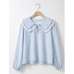 Blue Floral Lace-Collar Blouse
