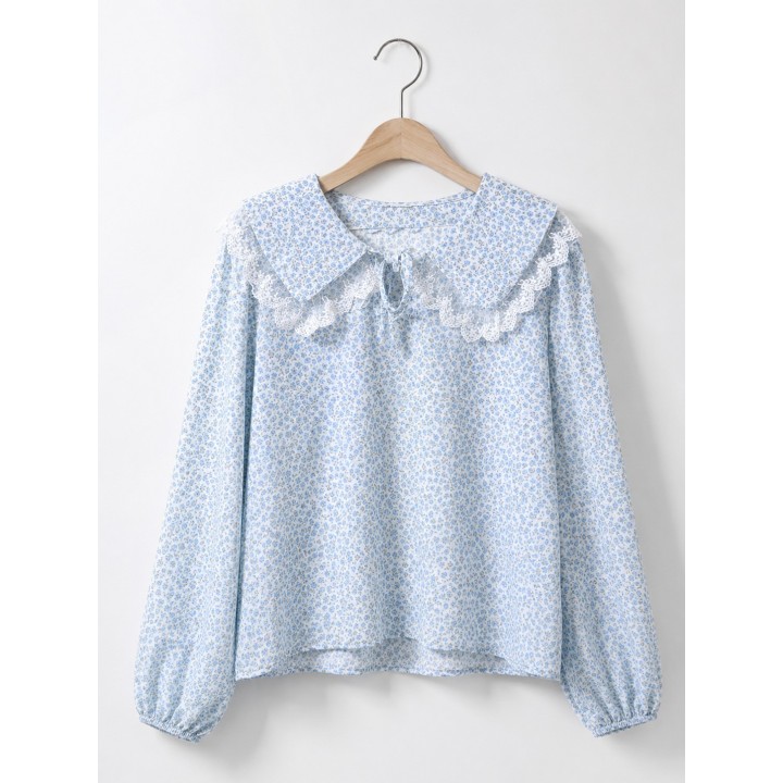 Blue Floral Lace-Collar Blouse