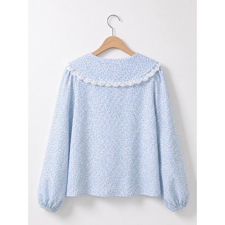 Blue Floral Lace-Collar Blouse