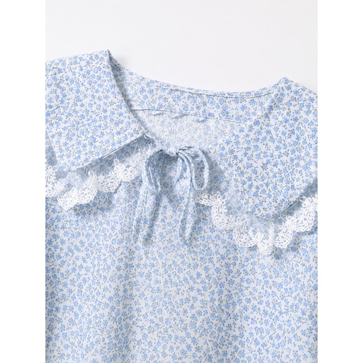 Blue Floral Lace-Collar Blouse
